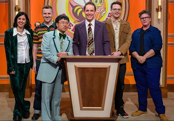 Guy Montgomery and Aaron Chen with previous Spelling Bee contestants (from left) Nina Oyama, Lloyd Langford, Tom Walker and Hannah Gadsby. 