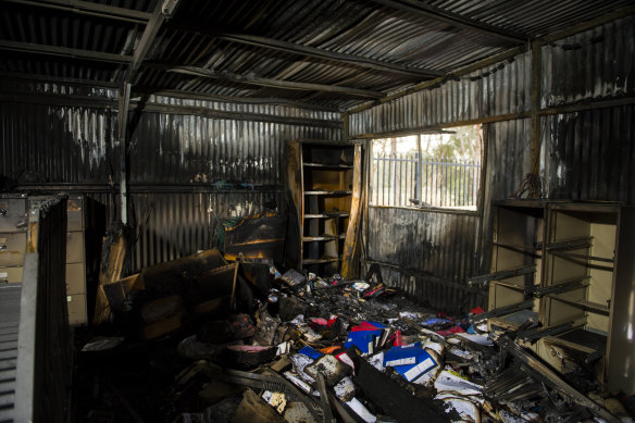 The storage shed at Woden Athletics Park, which was gutted in the alleged arson attack. 