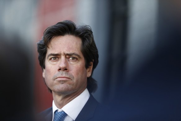 AFL CEO Gillon McLachlan speaks to the media at Fox Sports Studio in 2021.