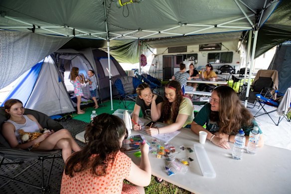 Enjoying Toowoon Bay Holiday Park are three families from the Blue Mountains - the Jones, Allen and Doyle families, the boys are out fishing.