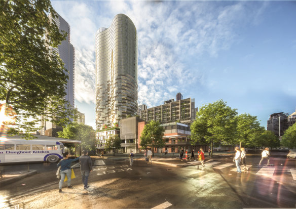 An artist's impression of the apartment tower and community services building opposite the Queen Victoria Market, on the corner of Queen and Therry streets. Planning Minister Richard Wynne has approved the project. 