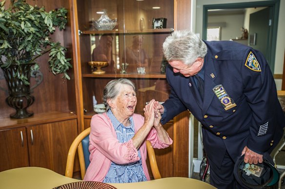 Uniting Care Mirinjani retirement village has granted a lifelong wish for resident Berenice Benson to meet a real New York city cop (something she mentions every tine she gets into the facility lift featuring a poster of the New York skyline). NYPD Detective Howard Shank was glad to accommodate. 