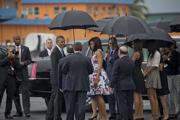President Barack Obama, first lady Michelle Obama and their daughters Sasha and Malia arrive at Jose Marti International Airport in Havana on March 20. The visit is the first presidential trip to Cuba in nearly 90 years.