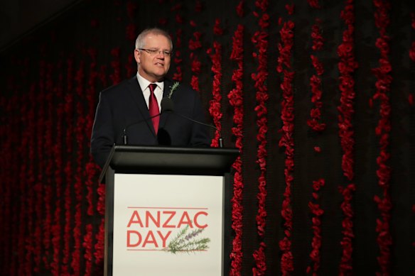 Prime Minister Scott Morrison delivers an address to an almost empty Australian War Memorial in Canberra on Anzac Day.