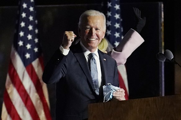 Democratic presidential candidate former Vice President Joe Biden speaks to supporters, early Wednesday, Nov. 4, 2020, in Wilmington, Delaware. 