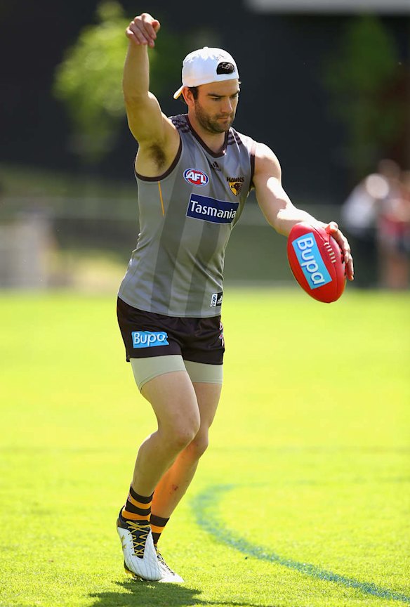 Jordan Lewis of the Hawks kicks during a Hawthorn Hawks AFL training session at Waverley Park.
