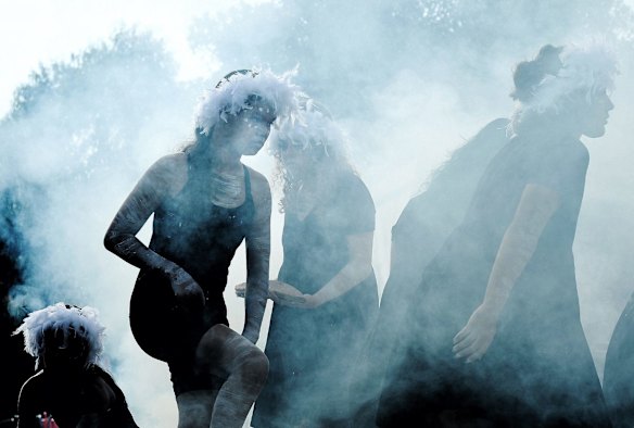 Koomurri-Bujja Bujja dancers during the smoking ceremony at the Wugulora morning ceremony at the Walumi Lawn in Barangaroo on Australia Day.