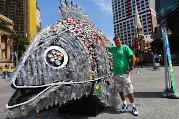 Mackay artist David Day designed a fish sculpture made from 4000 recycled cans and water bottles for the Containers for Change initiative in Queensland.