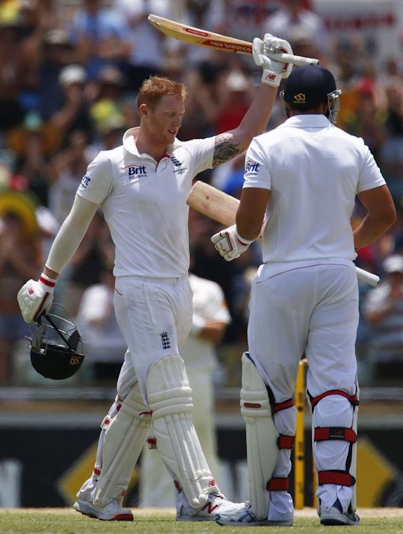 England's Ben Stokes (L) celebrates his century during the third Ashes Test Cricket Match.
