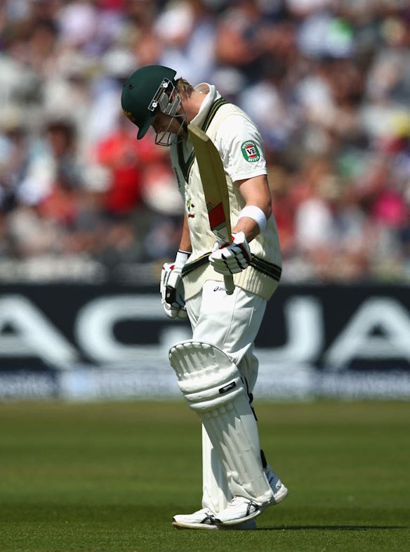 Steve Smith of Australia looks dejected after being dismissed by James Anderson of England during day two of the 1st Investec Ashes Test match between England and Australia at Trent Bridge Cricket Ground.