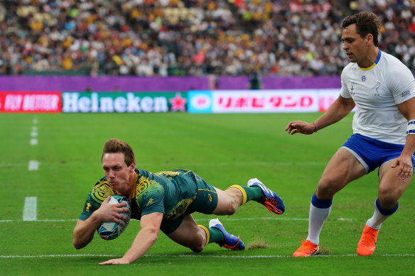 Haylett-Petty scores a try against Uruguay at last year's Rugby World Cup.  
