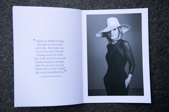 Pages from the order of service booklet for the state funeral of fashion designer Carla Zampatti AC at St Marys Cathedral. 