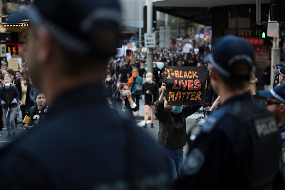 Protesters at the Black Lives Matter protest in Sydney against racism and police brutality.