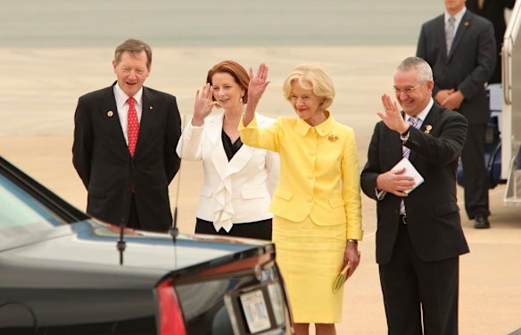 President of the United States Barack Obama arrives on Air Force One at Defence Establishment Fairbairn in Canberra, where he was met by the Prime Minister Julia Gillard and Governor General Quentin Bryce.