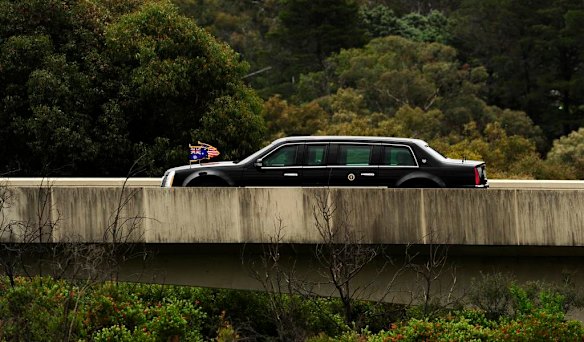 President of the United States Barack Obama arrives in Canberra. The President's vehicle cruises up Commonwealth Avenue to Parliament House for the ceremonial welcome.