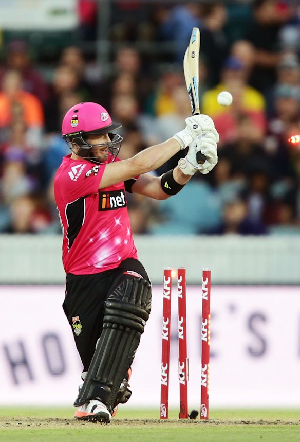 Riki Wessels of the Sixers is bowled by Jason Behrendorff of the Scorchers.