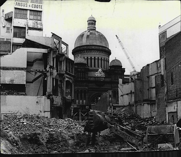 This striking view of the Queen Victoria Building has resulted from the demolition of the old Adams Hotel. The photograph was taken looking across the hotel site from Pitt Street through to George Street in 1970.