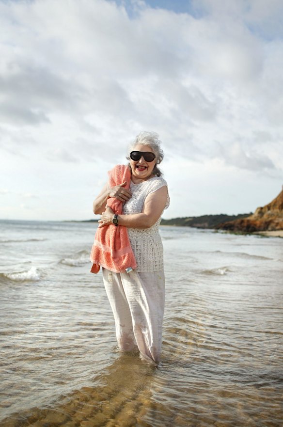 Mirka Mora, artist, at her favourite beach, Half Moon Bay, between Sandringham and Black Rock, Melbourne. 