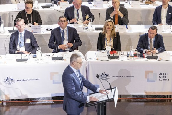 NSW Premier Dominic Perrottet, Victorian Premier Daniel Andrews, Queensland Premier Annastacia Palaszczuk and WA Premier Mark McGowan listening as Prime Minister Anthony Albanese addresses the summit.