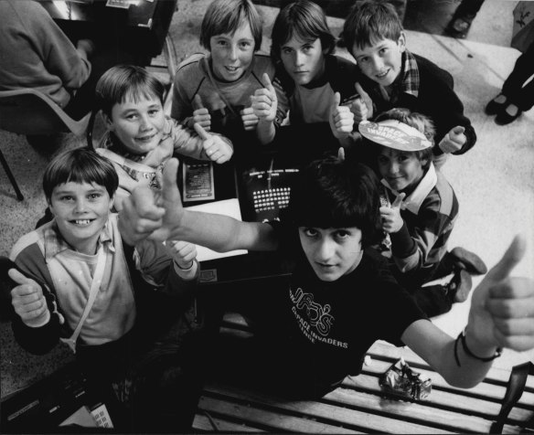 “Frank Faraone, 13, of Perth, is surrounded by admires after his win yesterday: from left to right, Mark Plummer, 12, his brother, Kevin, 13, Mark O’Donnell, 12, Peter Park, 14, all of Ermington, Lloyd James, 11, of Dundas, and Jensen Farely, 8, of Floreat Park, Perth.”
