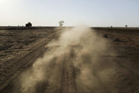 Dust kicked up by a ute on a dirt road at a property in Walgett, which has been affected by years of drought.