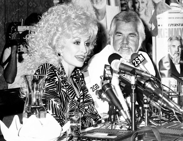 A press conference at the Intercontinental Hotel for the American country and western singers, Dolly Parton and Kenny Rogers, who are in Australia for a concert tour, 28 January 1987.
