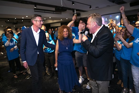 NSW Premier Dominic Perrottet with Liberal candidate Bridget Sakr after polling closed in Strathfield.