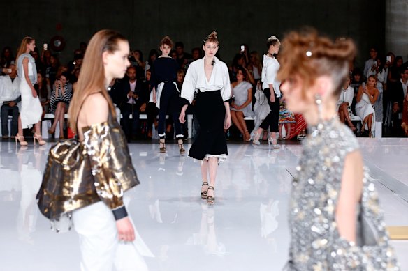 Models walk the runway at the Mercedes-Benz Presents Maticevski show at Mercedes-Benz Fashion Week Resort 17 Collections at The Cutaway, Barangaroo Reserve on May 15, 2016 in Sydney, Australia.