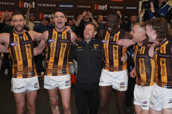 On a roll: Sam Mitchell and his Hawks are one happy family.