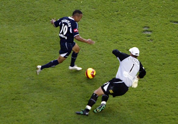 One of five: Rounding Adelaide goalkeeper Daniel Beltrame for another addition to his incredible five-goal haul in the 2007 grand final.