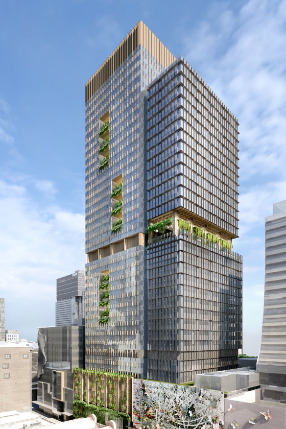 Render of ISPT’s proposed 42-storey Wardle-designed office tower on the site of Brisbane’s old Regent Theatre. View from Elizabeth Street.