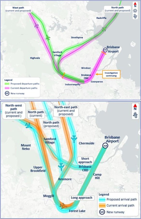The Noise Action Plan’s proposed departures (top) and arrivals (bottom) for suburbs to Brisbane’s north and west.