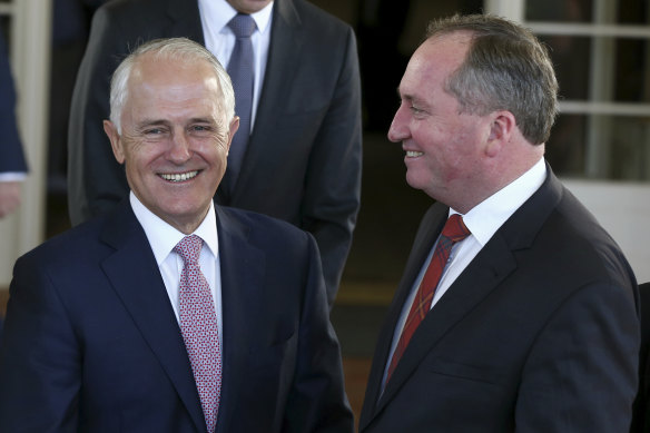 February 18, 2016: Malcolm Turnbull and Barnaby Joyce after the swearing-in ceremony for members of the new Turnbull ministry at Government House.