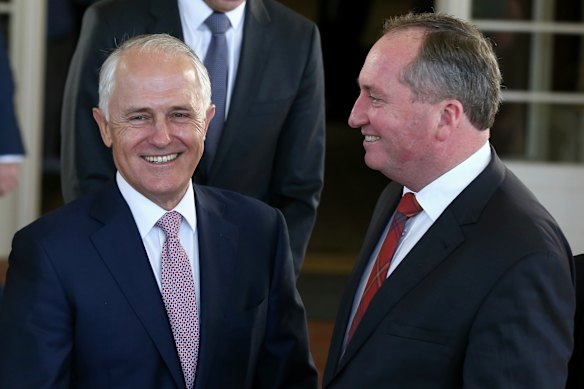 February 18, 2016: Malcolm Turnbull and Barnaby Joyce after the swearing-in ceremony for members of the new Turnbull ministry at Government House.