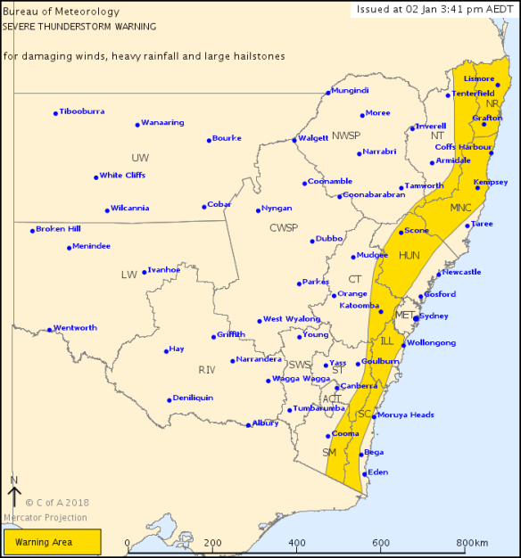 The severe thunderstorm warning area, as at 3.40pm. 