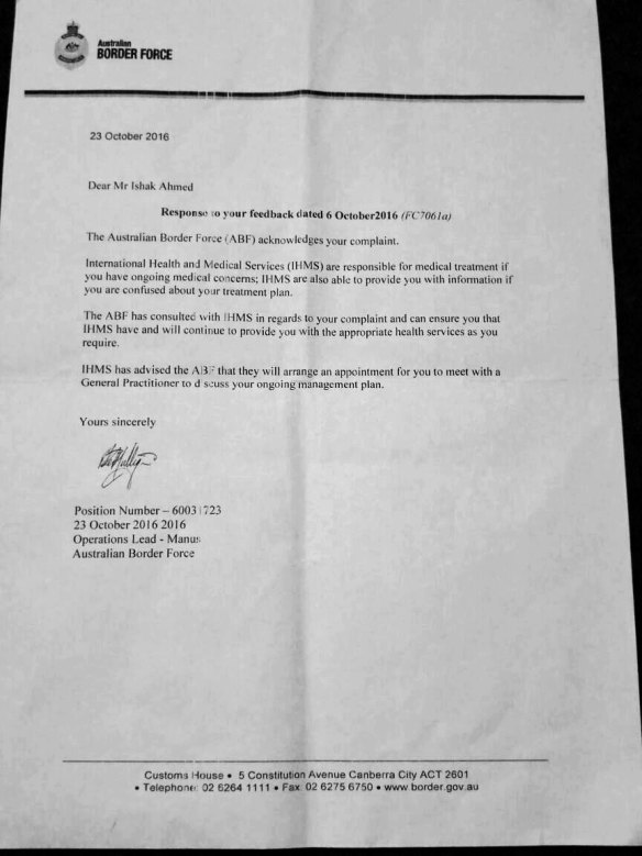 The letter from Australian Border Force to Faysal Ahmed. 