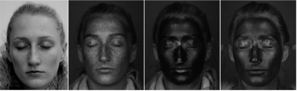 UV photo after moisturiser with SPF application, left to right: conventional camera, UV-sensitive camera, sunscreen, SPF moisturiser.