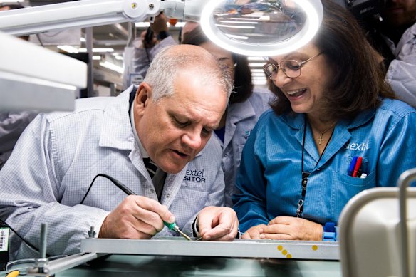 Prime Minister Scott Morrison visits Extel Technologies in Melbourne, in the seat of Chisholm.
