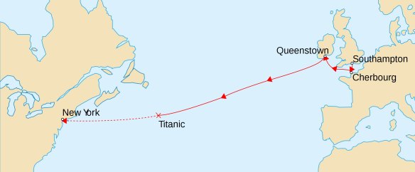 Map showing where the Titanic sank in the northern Atlantic Ocean.