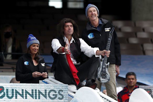 Gillon McLachlan, Chief Executive Officer of the AFL, is seen with Neale Daniher during Big Freeze 7 at the MCG in 2021.