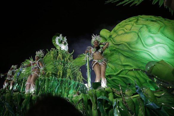 Drum queen Quiteria Chagas from the Imperio Serrano samba school performs during Carnival celebrations at the Sambadrome in Rio de Janeiro.