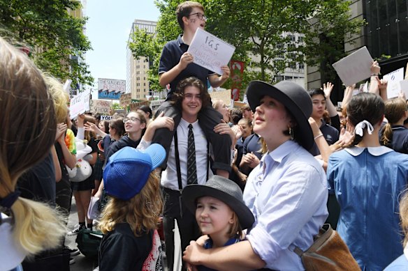 Thousands of students are protesting in Martin Place regarding climate change policy.
