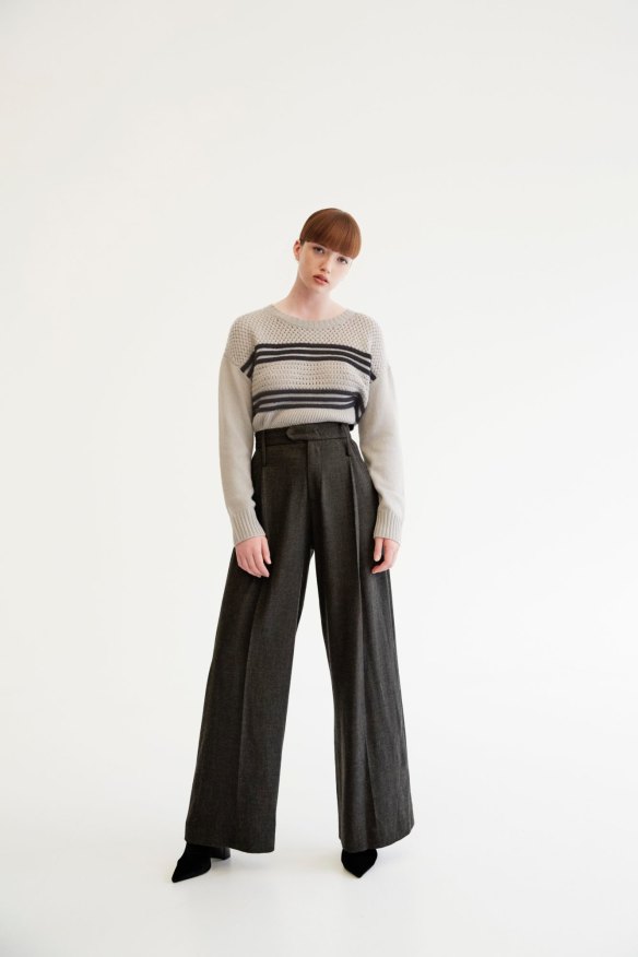 Frame knit, $690, from Edwards Imports. Bassike wool pants, $750. Tony Bianco “Diddy” boots, $220.