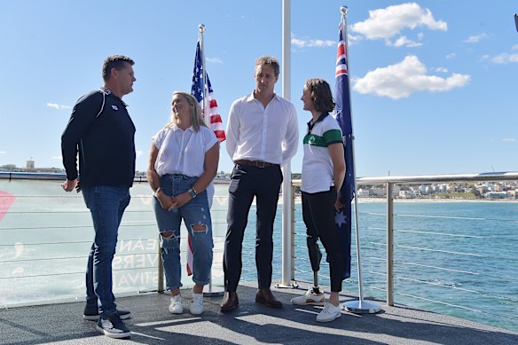 Having a chat: Swimming Australia president Chris Fydler (second from right) has been banned for eight months by the sport’s integrity body.