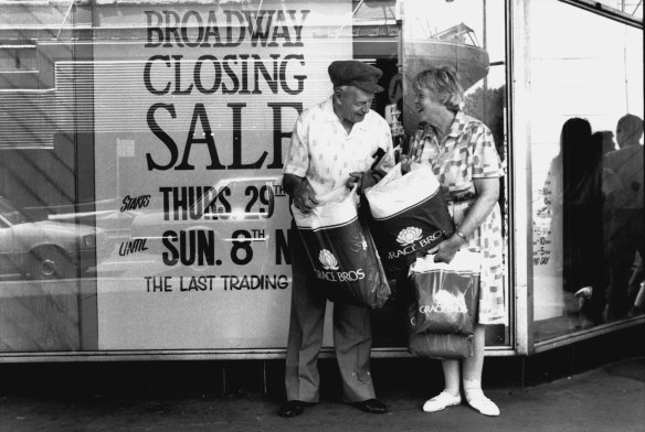 Bernard and Grace Mangan emerge from the closing down sale at Grace Bros. Broadway on October 30, 1992.