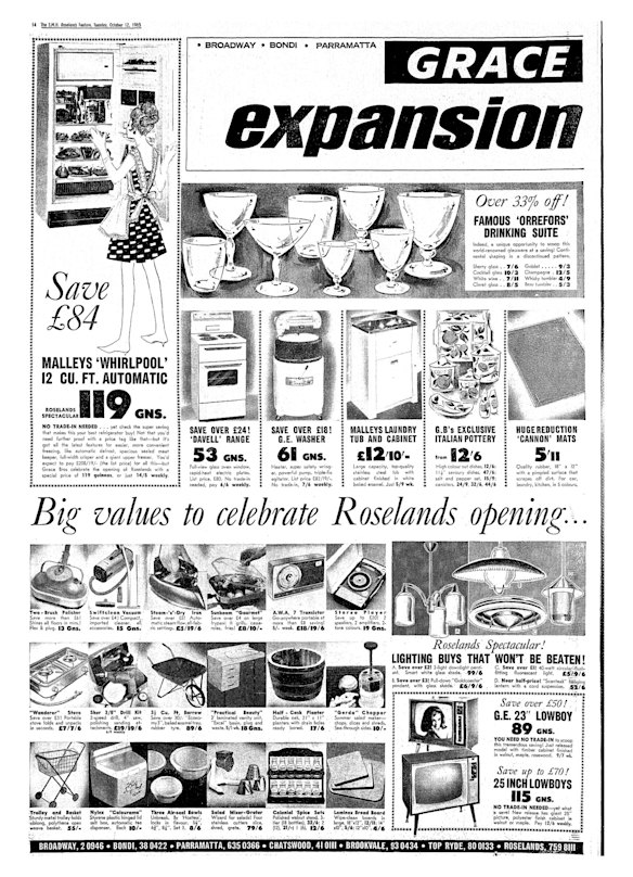 The Roselands shopping centre was a Grace Bros. initiative. Housewives shopping at the centre's Grace Bros. department store were offered a range of appliances from an A.W.A. 7 Transistor radio, to a Two-Brush floor polisher.