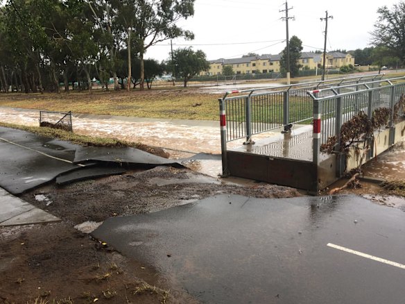 Flooding at Dickson oval on Sunday morning.