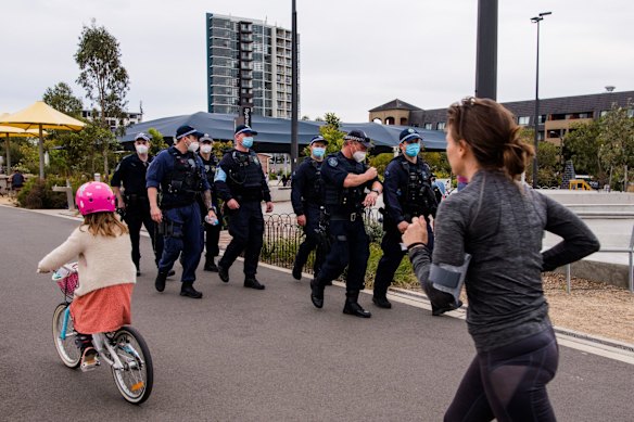 Police patrol at Sydney Park in anticipation of planned anti-lockdown protests today.