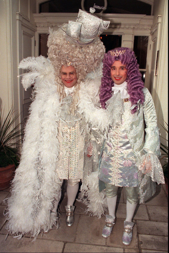 How Elton John celebrated his 50th birthday in 1997, dressed as Louis XVI alongside his partner David Furnish.