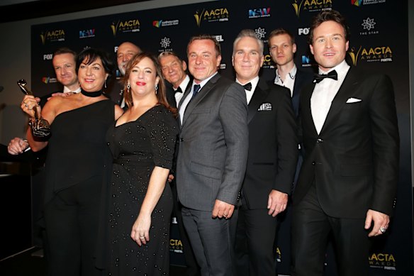 Producers and cast of The Kettering Incident after winning the AACTA Award for Best Telefeature or Mini Series at the 6th AACTA Awards in Sydney, Australia.